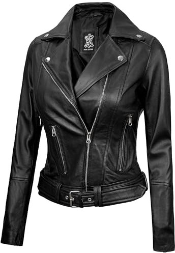 Blingsoul Lederjacke für Damen – echtes Lammleder, elegant, asymmetrisch, Motorrad-Stil, Jacke für Damen, Aldo - Schwarze Jacke, 3XL