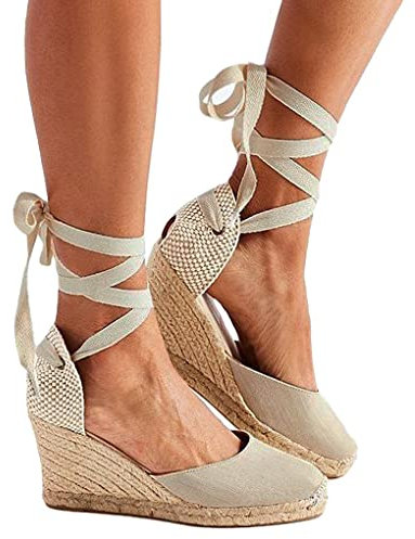 Onsoyours Chaussure Mode Sandale Espadrille lanière Cheville Plateforme Bohème Femme Corde avec de la Paille tressé Talon Compensé A Beige 38 EU