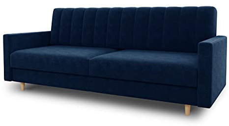 Schlafsofa Sara - Sofa mit Schlaffunktion und Bettkasten, Bettsofa mit Wellenfeder, Schlafcouch mit Holzfüße, Couch vom Hersteller, Couchgarnitur, Velours (Dunkelblau (Kronos 09))