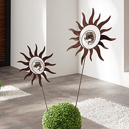 Dekoleidenschaft 2X Gartenstecker Kugelsonne aus Metall in Rost-Optik, 103 & 127 cm hoch, Dekostecker, Garten-Deko für Draußen