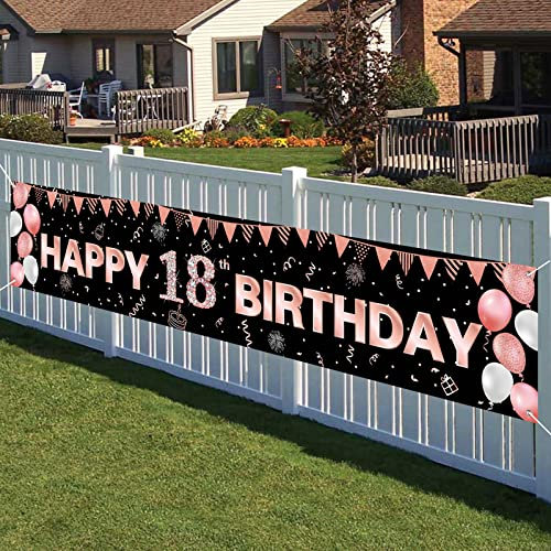 18th Birthday Banner for Girls, Super Large Happy 18th Birthday Party Decorations Black and Rose Gold, Outdoor 18 Birthday Banner Backdrop Background Photo Booth for Garden Table Wall Decoration
