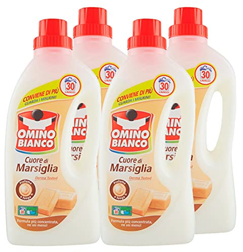 Omino Bianco - Detergente Lavadora Líquido, Fresco Perfume con Essenza Corazón de Marsella, 30 lavados, 1500 ml x 4 botellas
