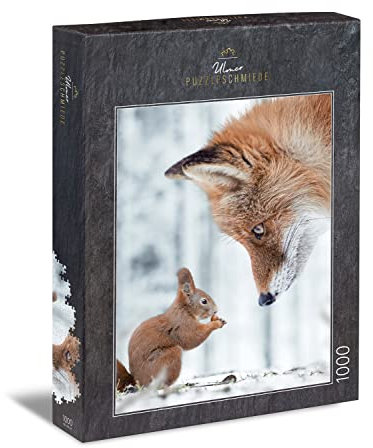 Ulmer Puzzleschmiede - Puzzle „Fleißig & Schlau“ - Pfiffiges 1000 Teile Tierpuzzle – Eichhörnchen und Fuchs im Winterwald - Tiere verblüffend in Szene gesetzt - Puzzle-Qualität Made in Germany