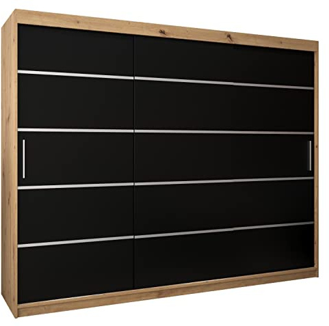 MEBLE KRYSPOL Schwebetürenschrank Verona 1 250 cm Kleiderschrank mit Kleiderstange und Einlegeboden Schlafzimmer- Wohnzimmerschrank Schiebetüren Modern Design (Schubladen: 0, Artisan Eiche + Schwarz)