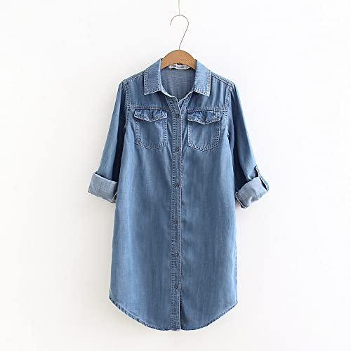 MIDJ Damen Bluse Elegant, Damen Longshirt Jeanshemdjacke Vintage Brusttasche Blue Jeanshemd Lässige Button-Down-Bluse Roll-Up-Ärmel Plus Größe Schicke Übergangsjacke für Mädchen,M
