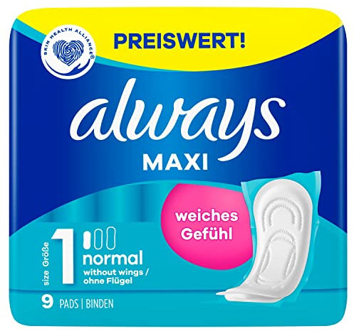 Always Maxi Binden Damen Gr. 1, Normal (9 Damenbinden) weich und super saugfähig, geruchsneutralisierend und Auslaufschutz