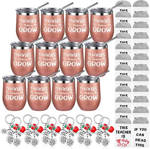12 Set Lehrer-Wertschätzungsgeschenke, Edelstahl, isolierter Weinbecher mit Deckel, Strohhalm, Strohhalmbürste, Schlüsselanhänger und Socke, für den Außenbereich, isolierte Weingläser Bulk (Roségold)