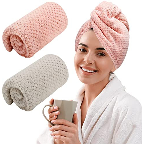 Pruhofan Haarturban Mikrofaser - Schnelltrocknendes Handtuch Mit Knopf für Alle Haartypen - 2 Stück