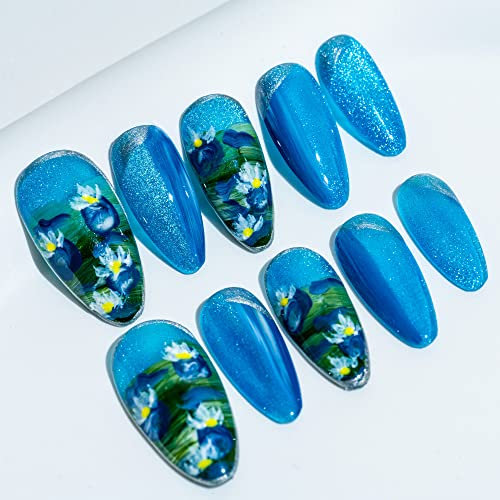 Sun&Beam Nails Handmade Press-on Medium Long Amlond Blue Flower Hand-Painted Ombre Design Fashion False Nail Tips 10 Pcs Set (#027 S)