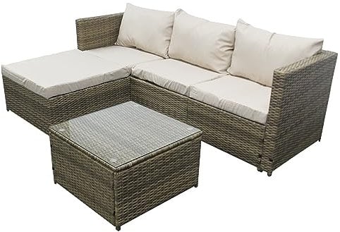 COZYBRITE Garden Corner Sofa Rattan Furniture Set 4 Seater Patio Outdoor Lounge Settee with Glass Coffee Table & Cover All-weather SFS066 (Mix Brown Rattan+Brown Cushion)