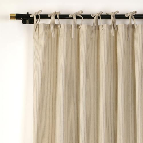 THE ART BOX Gaze Vorhänge – Gestreifte Boho-Leinenoptik, Krawatten-Top, Lichtfilternd, Tür- und Fensterbehandlung, 2 Vorhang-Panels, Grau auf Beige,(160 x 107 cm je Stoff)