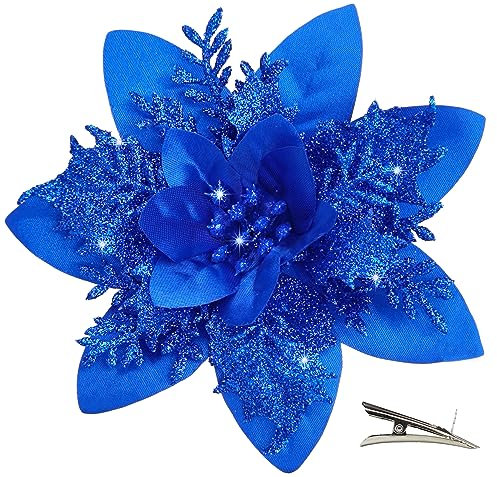 MIKAILE 20 Piezas Flores de Navidad con Clip, Flores Artificiales para Decoración de Navidad con Polve de Brillo para Guirnalda Corona Árbol de Navidad (Azúl)