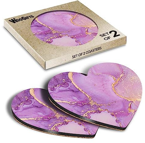 2 x Heart Coasters - Purple Lilac Ink Art Marble Effect Cork Backed MDF Glossy Tea Coffee Accessory #53332