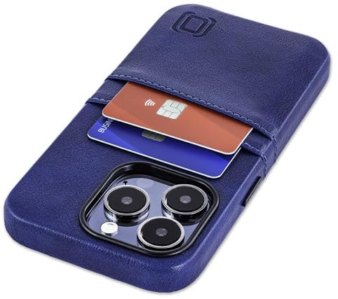Dockem Card Case for iPhone 15 Pro with Built-in Metal Plate for Magnetic Mounting & 2 Card Holder Pockets: Exec M2 Premium Synthetic Leather Wallet Case (Navy Blue)