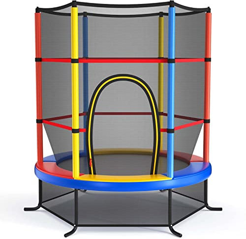 KOMFOTTEU Trampolin für Kinder, Kindertrampolin mit Sicherheitsnetz, Gartentrampolin bis 135 kg belastbar für Kinder ab 3 Jahren, Indoor- & Outdoortrampolin, φ165 cm x 165 cm (Bunt)