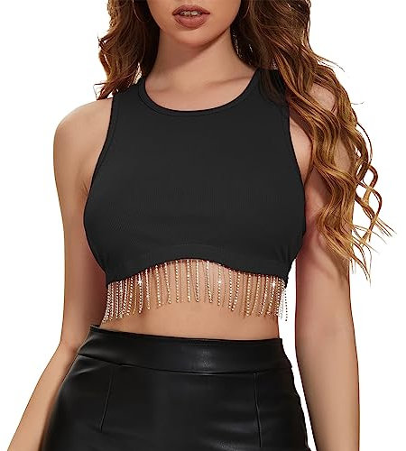 Century Star Crop Tops Damen Tops für Damen Crop Top Damen Sommer Tank Top Damen y2k Top Damen Tops Teenager Mädchen Halloween Deko Skims Dups Festival Outfit Damen y2k Clothes Damen Top Schwarz M