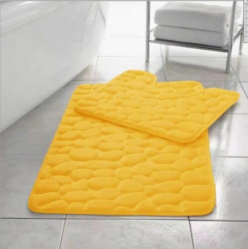PARADISE STAR Memory Foam Bath Mat Pebbles Soft Absorbent Non Slip Bathroom Rugs with Pedastal Mat Easy Clean Bath Mat Set COLOUR OCHRE