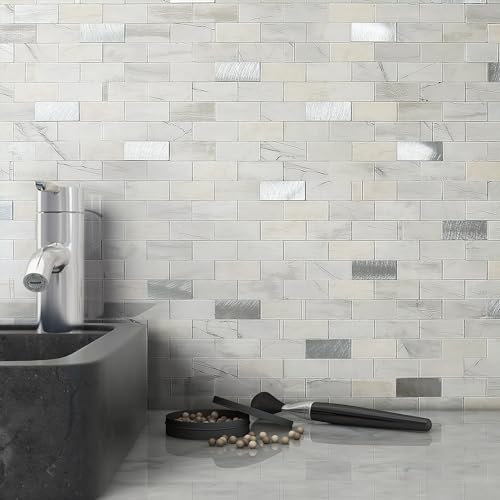 BeNice Mosaic Peel and Stick Brick Tiles Marble Tile Stickers for Bathroom,Self Adhesive Splashback Stick on Wall Tiles(Light Grey,10 PCS)