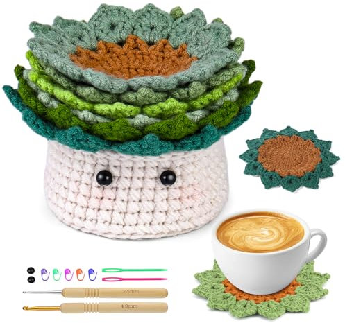 FTEVEN Crochet Kit for Beginners, 6PCS Coasters Crochet Starter Kit Plant Pot, Knitting Supplies Kit with Step-by-Step Video Tutorials, Crochet Yarn for Adults DIY Present