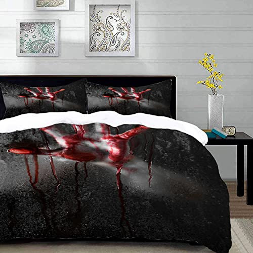 Bettwäsche 3 Teilig Bettgarnitur,Horrorszene mit blutigem Handglas Halloween,Gemütlich Mikrofaser Bettbezug Set 1 Bettbezug Set 135 x 200 cm