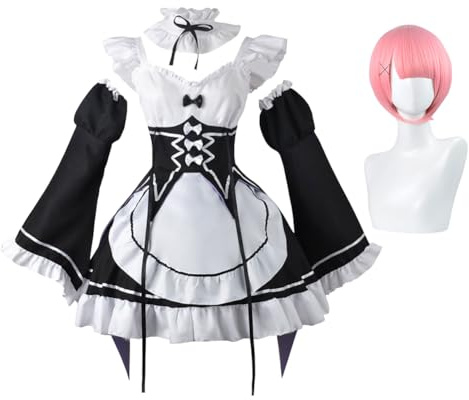 Zhongkaihua Re:0 Cosplay Costume Ramu Remu Cosplay Dress Full Set Maid Outfit Uniform Rem Ram Cosplay Blue Pink Wig Costume Halloween Carnival