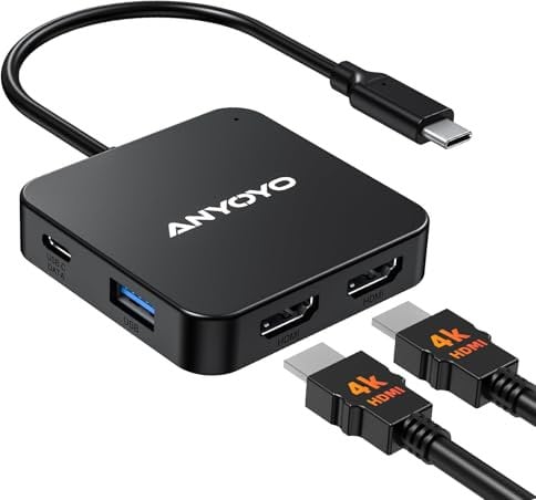 USB C Hub With Dual 4K HDMI, 100W PD, 3 USB A 3.0, 1 USB C 3.0 - Multiport Adapter for MacBook Air/Pro, HDMI Splitter for 2 Monitors