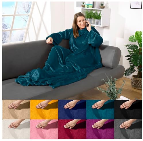 heimtexland ® Ärmeldecke TV Kuscheldecke mit Ärmeln Taschen Fußsack Super Soft Flanell tragbare Decke Ganzkörperdecke Typ870 Dunkelpetrol 180x150 cm