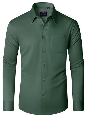 J.VER Herrenhemd Dunkelgrün Hemden Herren Langarm Freizeit Hemd Comfort Fit Einfarbig Stretch Herren Business Shirts mit Tasche,L