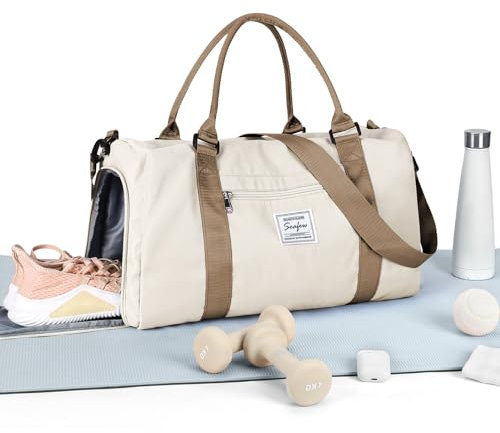 HYC00 Sport Duffel Bag Damen Herren,Sporttasche mit Nassfach & Schuhfach Reise Duffel Bags Übernachtungstasche Reisetasche Handgepäcktasche Fitnesstasche Trainingstasche Weekender Bag, Beige mit Braun