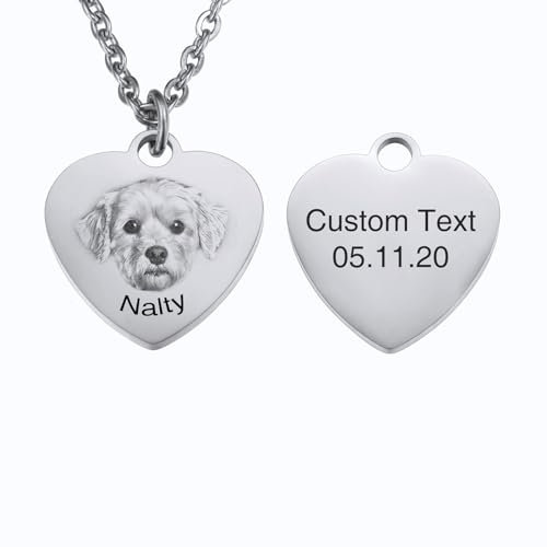 INBLUE Personalisierte Haustier Porträt Halskette für Frauen Edelstahl Rund/Herz Scheibe Gravur mit Bild Name Angepasst Haustier Verlust Gedenk Geschenke für Haustier Liebhaber A2 - Silber