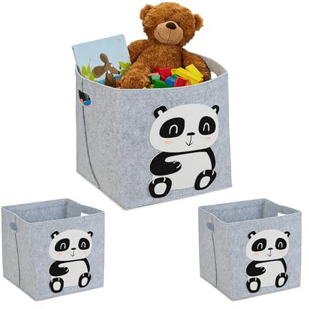 Relaxdays 3 x Aufbewahrungskorb Filz, Panda-Motiv, Filzkorb für Kinder, faltbar, H x B x T: 33 x 34 x 32 cm, Spielzeugkorb, grau