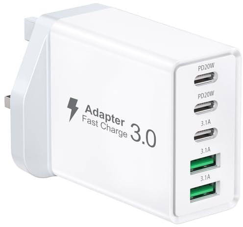 50W USB C Charger Plug Fast Charge, 5-Port Multi USB Charger Plug Adaptor UK, USB Type C Fast Charger Charging Plug Power Adapter for iPhone 16 15 14 13 12 Pro Max SE XS XR, iPad, Samsung Galaxy