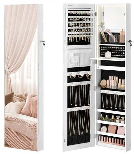SONGMICS Schmuckschrank 140 cm hoch, Schmuckorganizer mit beleuchtetem Innenspiegel, Spiegelschrank wand- oder türmontiert, abschließbar, Geschenkidee, wolkenweiß JJC032W01