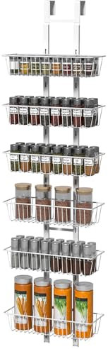 TOPWE Over Door Storage, Pantry Organizer with Adjustable 6 Baskets, Expandable Back Door Metal Pantry Shelves for Kitchen Bathroom(6 Tier)