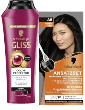 Schwarzkopf Ansatzset A5 Schwarz Stufe 3 (45 ml) Haaransatz kaschieren in nur 10 Minuten & Gliss Shampoo Colour Perfector (250 ml) Color Shampoo für coloriertes/gefärbtes Haar