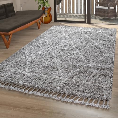 TT Home Shaggy-Teppich Grau Wohnzimmer Hochflor Weich Rauten Muster Orient Design, Größe:120x170 cm