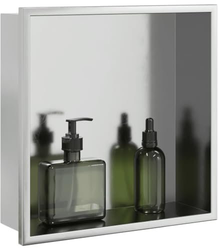 Sufrk Nische für Dusche, gebürstetes Silber, 32 x 32 x 9 cm, aus Edelstahl, Einbau-Duschwanne, Wandnische, Nischenablage, Badezimmer-Nischen