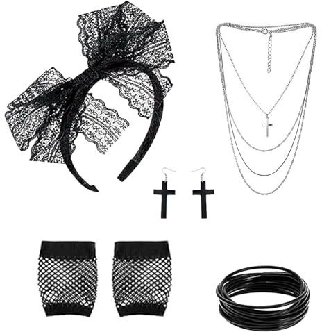 XDGBGFN 5 Stück Damen 80er Jahre Accessoires 80er Jahre Fasching Outfit Vintage Spitze Schwarz Stirnband Ohrringe Fischnetz Handschuhe Halskette Armband für Karneval Party