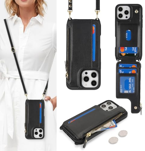 SailorTech for iPhone 16 Pro Phone Case with Credit Card Holder for Women, iPhone 16 Pro Leather Case Wallet Crossbody with Credit Card Slots Zipper Shockproof Case for Men - Black