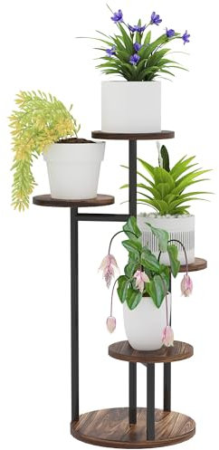Outsunny Estantería para Plantas de 5 Niveles Soporte para Plantas de Madera y Acero con 5 Estantes Redondos Soporte para Macetas para Interior y Exterior 43x43x70 cm Carbonizado