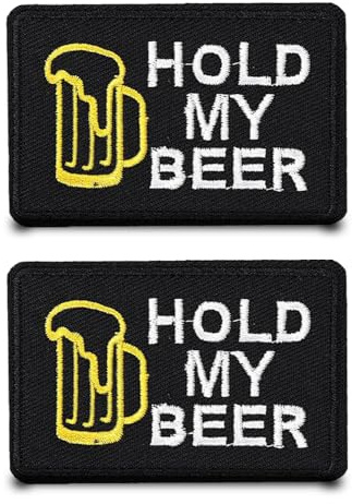 2 Stück HOLD MY BEER Halt mein Bier Stickerei Patch Flagge Abzeichen Lustiger Taktische Aufnäher Nylon Militär Applikation für Kleidung Hut Jacke Taschen Rucksäcke Weste Jeans