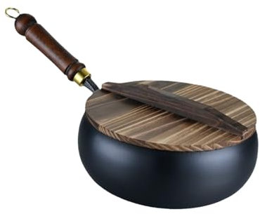 shuhauk Chinese Handmade Cast Iron Wok, Frying Pan with Lid and Wooden Handle, Non-Stick Pan, 28 cm Diameter, Cookware Daily Use for Pork Chicken Beef Induction Cooktop Electric Stove