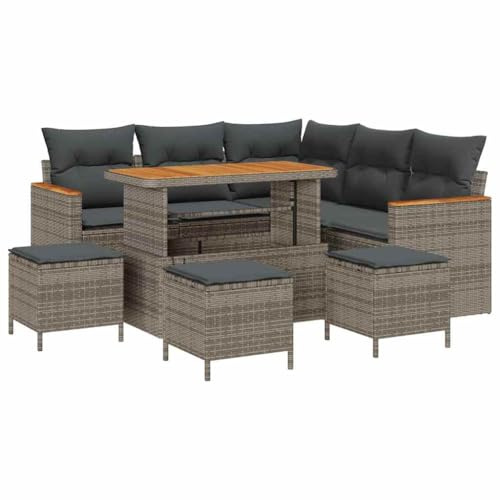vidaXL Garten-Sofa-Set mit Kissen mit Speicher Grau Poly Rattan, Garten und Terrasse, modernes Rattansofa-Set, wetterfest, Akazienholz Möbel für Entspannung draußen