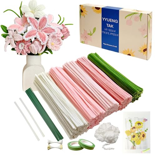 YYUENG TAK 350 Stück Rosa Pfeifenreiniger Blumen set(5 Farben),Geschenkbox enth Anweisungen,2 Chenille Wolle zum pfeifenputzer Blumen，20 Blumendraht,100 Staubblatt,2 Klebeband,für Blumen Basteln & Diy