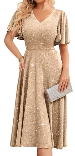Bridesmay Sparkly Sequin Cocktail Dresses for Wedding Guest Ruffle Sleeve A-Line Tea Party Dress Glitter Champagne XL