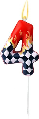 Racing Cars Themed Birthday Candle, Black and White Checkered Birthday Number Candle Red Race Car Cake Topper Party Decorations for Boys Girls Kids Theme Party Supplies (Number 4)