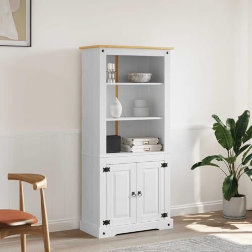 WEMYUFURN Mexikanischer Buffetschrank aus Kiefernholz mit Metalldetails - Rustikaler Küchenbuffet mit 3 Regalen und Schrankfach für Esszimmer oder Wohnzimmer