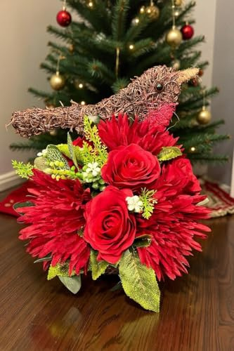 click2style Salim Material Christmas Animal Shaped Planters, Robin and Reindeer Design, Decorative Lined Garden Containers for Holiday Decor (Robin with Side Basket & Flowers)