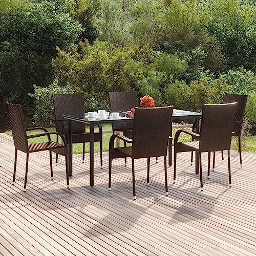 QJBSAVVA 7-TLG. Garten-Essgruppe Braun 160x80x74 cm Poly-Rattan Outdoor-Möbelset mit Glas-Tisch & 6 Stapelstühlen, Moderne Balkon-Sitzgruppe für Garten Terrasse Balkon