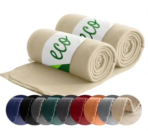 wometo 2er Set ECO Fleecedecke aus 100% recyc. Material 130x160 beige Sand | OEKO-TEX ca. 400 g - 100% recyceltem Material - mit Anti-Pilling und Kettelrand, im praktischen Doppelpack